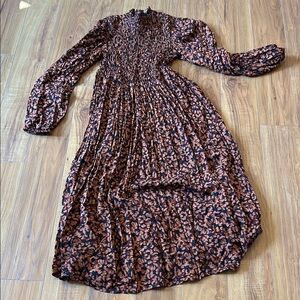 Multicolored Bishop Sleeve High-Low Pleated Dress